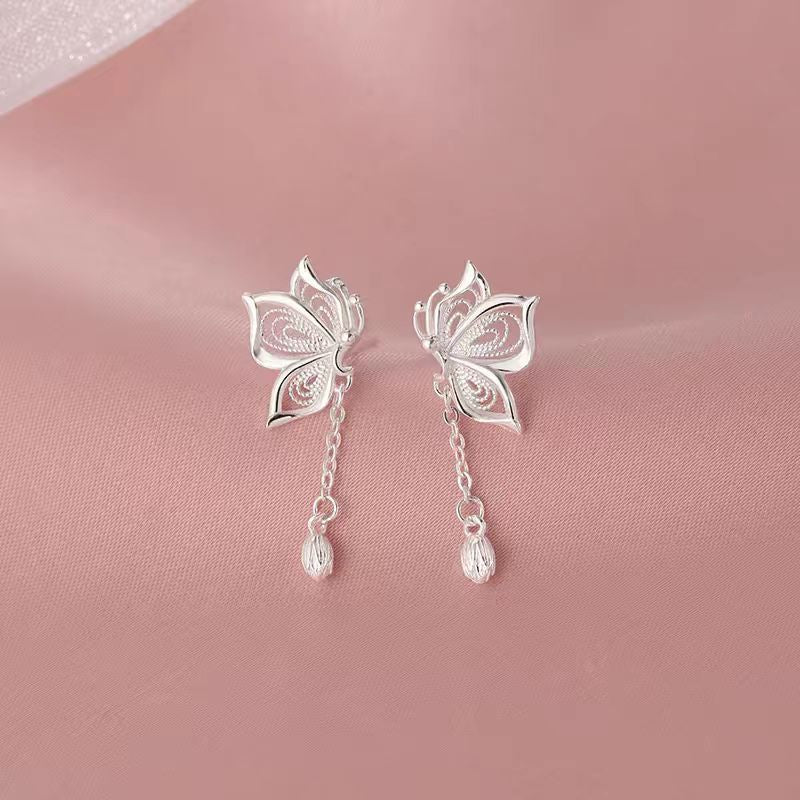 Women's S999 Silver Sweet Tassel New Butterfly Earrings