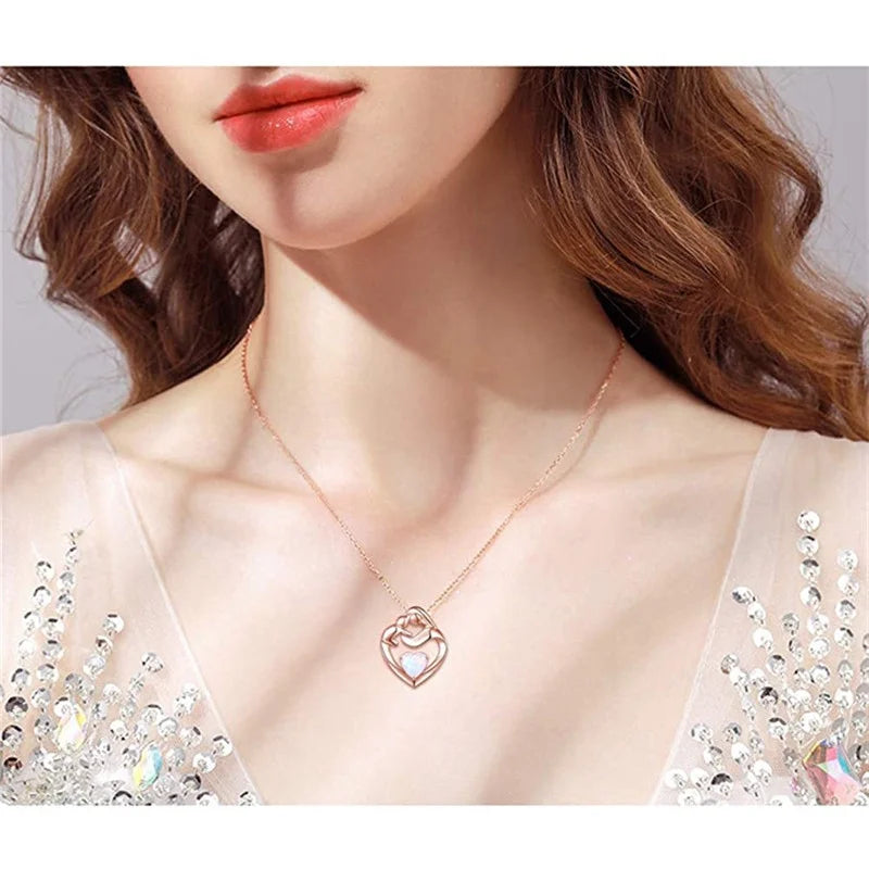 Rose Gold Plated Mother And Child Zircon Heart Pendant Necklace For Gifts