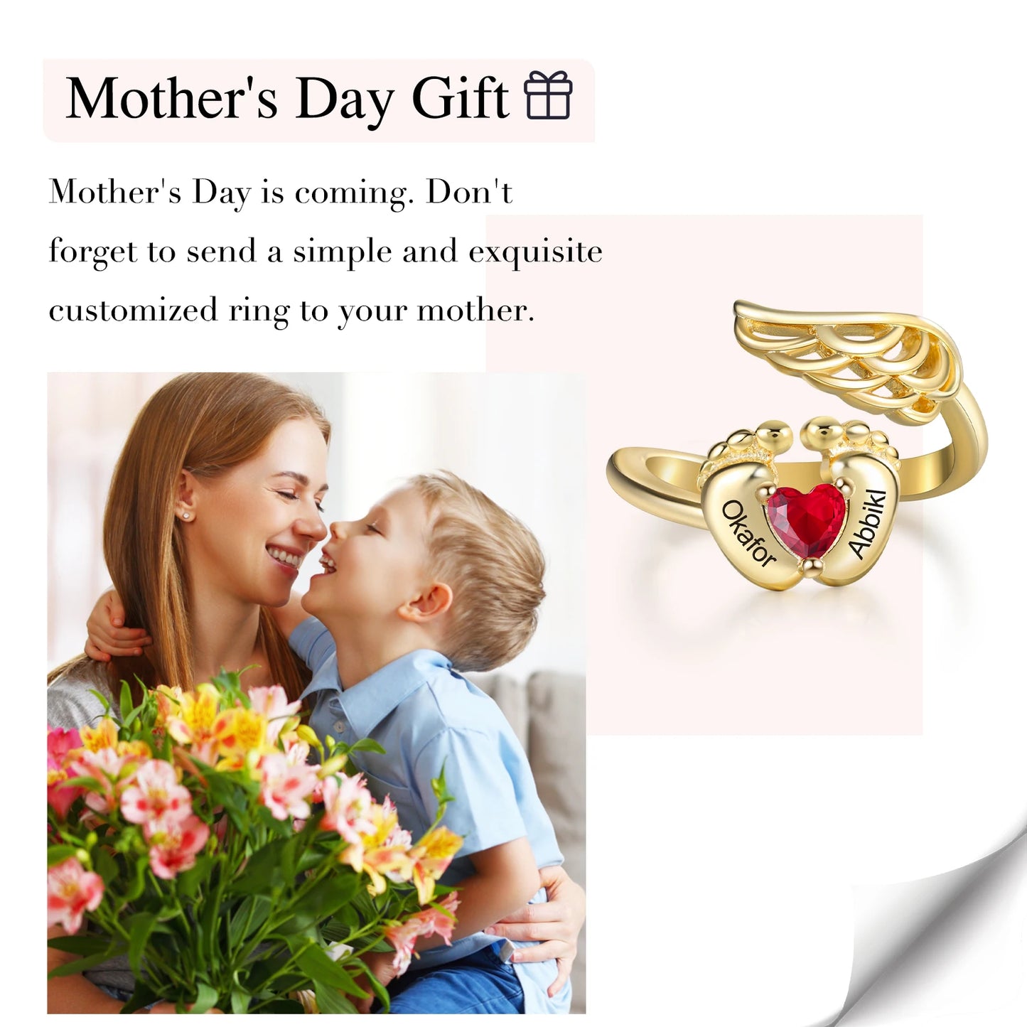 Gold Color Baby Feet & Wing Personalized Engraved Name Ring Custom Heart Birthstone Rings for Mother Anniversary Gifts for Mom