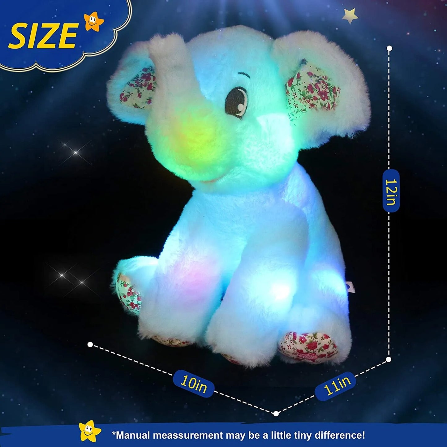 Bstaofy Light up Elephant Plush Blue Floppy LED Stuffed Animals Lullabies Nightlight Bedtime Toy for Kids Birthday for Toddlers
