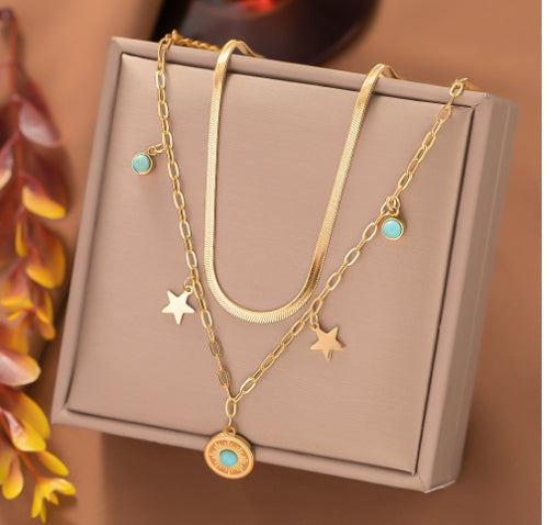 Light luxury emerald flower necklace, fashionable stainless steel double layer chain