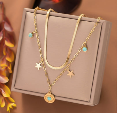 Light luxury emerald flower necklace, fashionable stainless steel double layer chain