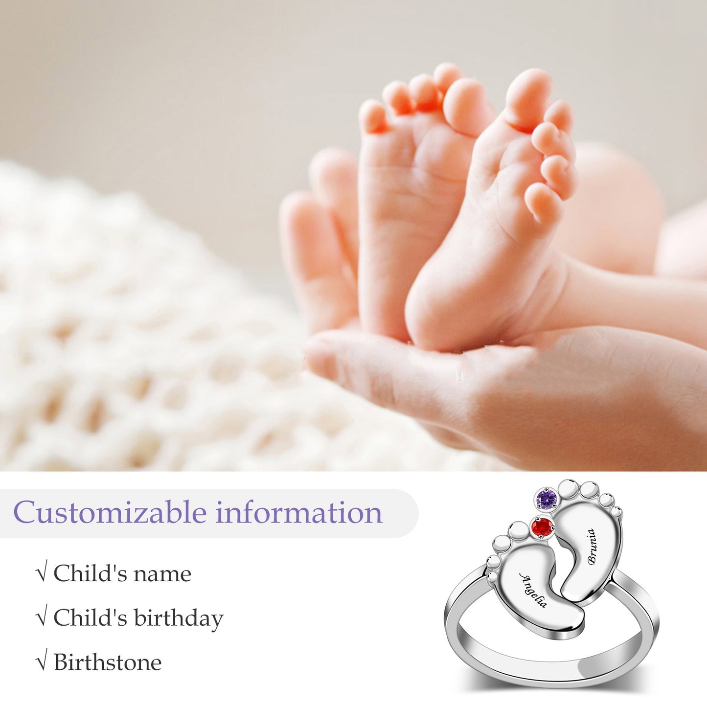 Personalized jewelry s925 cross-border wholesale baby footprint ring Birthstone ring footprint engraved hand jewelry