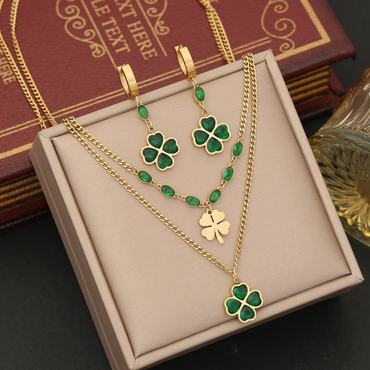 Light luxury emerald flower necklace, fashionable stainless steel double layer chain