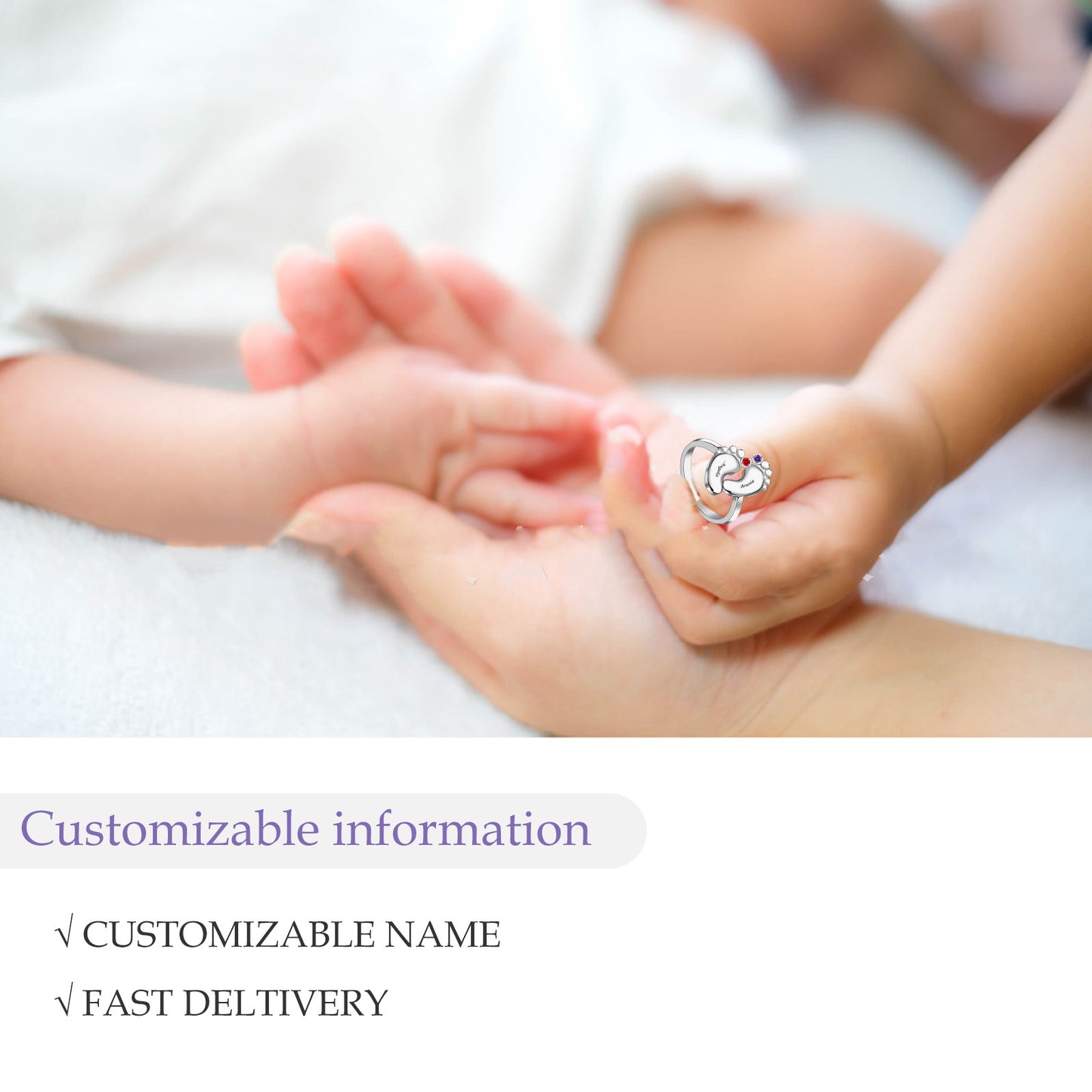 Personalized jewelry s925 cross-border wholesale baby footprint ring Birthstone ring footprint engraved hand jewelry
