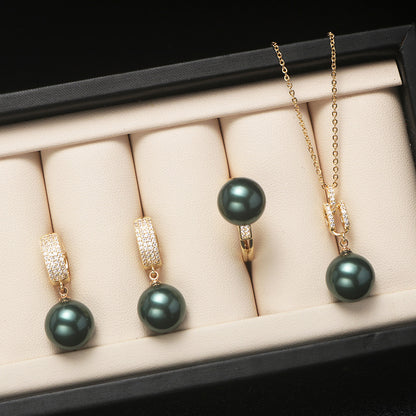 Shell pearl set jewelry three-piece female fashion temperament is round bright light beaded necklace pendant ring earrings