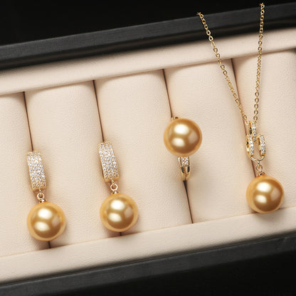 Shell pearl set jewelry three-piece female fashion temperament is round bright light beaded necklace pendant ring earrings