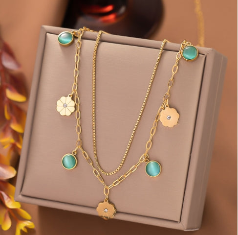 Light luxury emerald flower necklace, fashionable stainless steel double layer chain