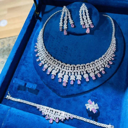 Middle East Dubai Bride Jewelry Set Necklace Earrings Copper Zircon Plated with Gold
