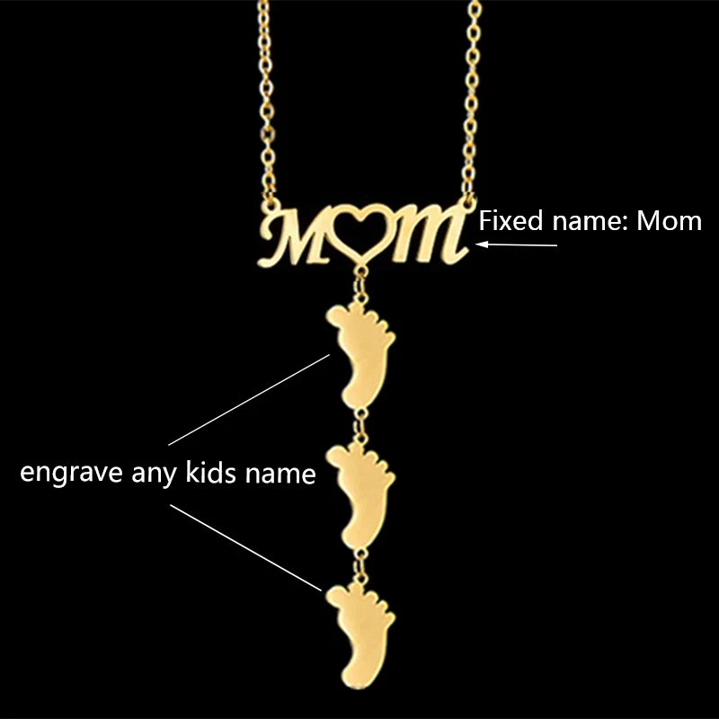 Auxauxme Personalized Heart Mom Foot Necklace Custom Engrave 1-5 Names Pendant Stainless Steel Heart Jewelry Gifts For Mom