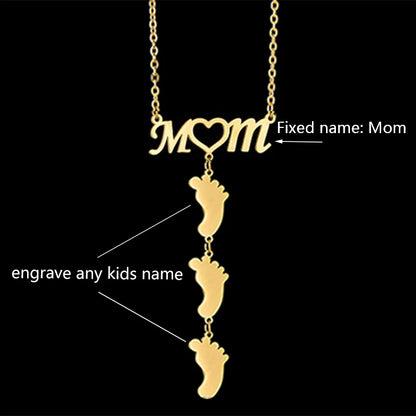 Auxauxme Personalized Heart Mom Foot Necklace Custom Engrave 1-5 Names Pendant Stainless Steel Heart Jewelry Gifts For Mom