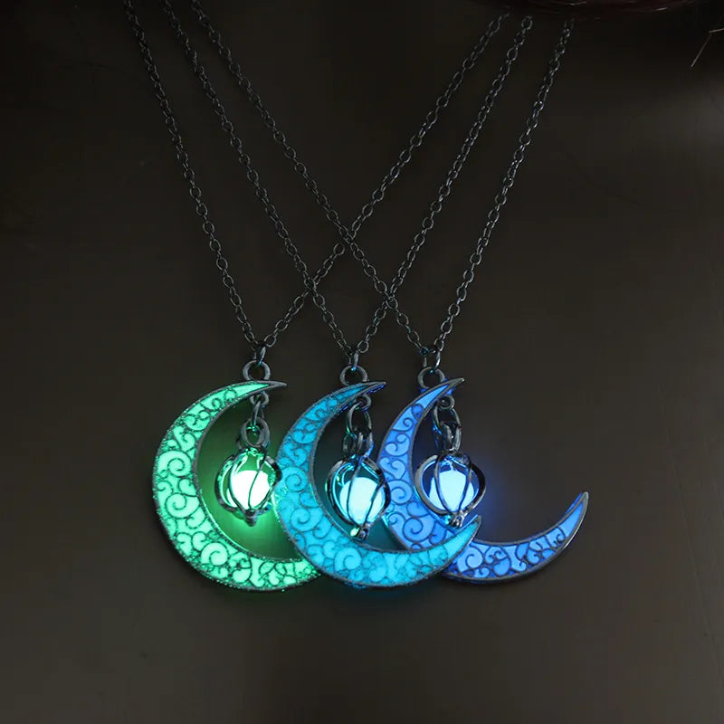 2022 Moon Glowing Necklace Gem Charm Jewelry Glow in the Dark Halloween Pendant Hollow Luminous Stone Pendant Necklace Gifts