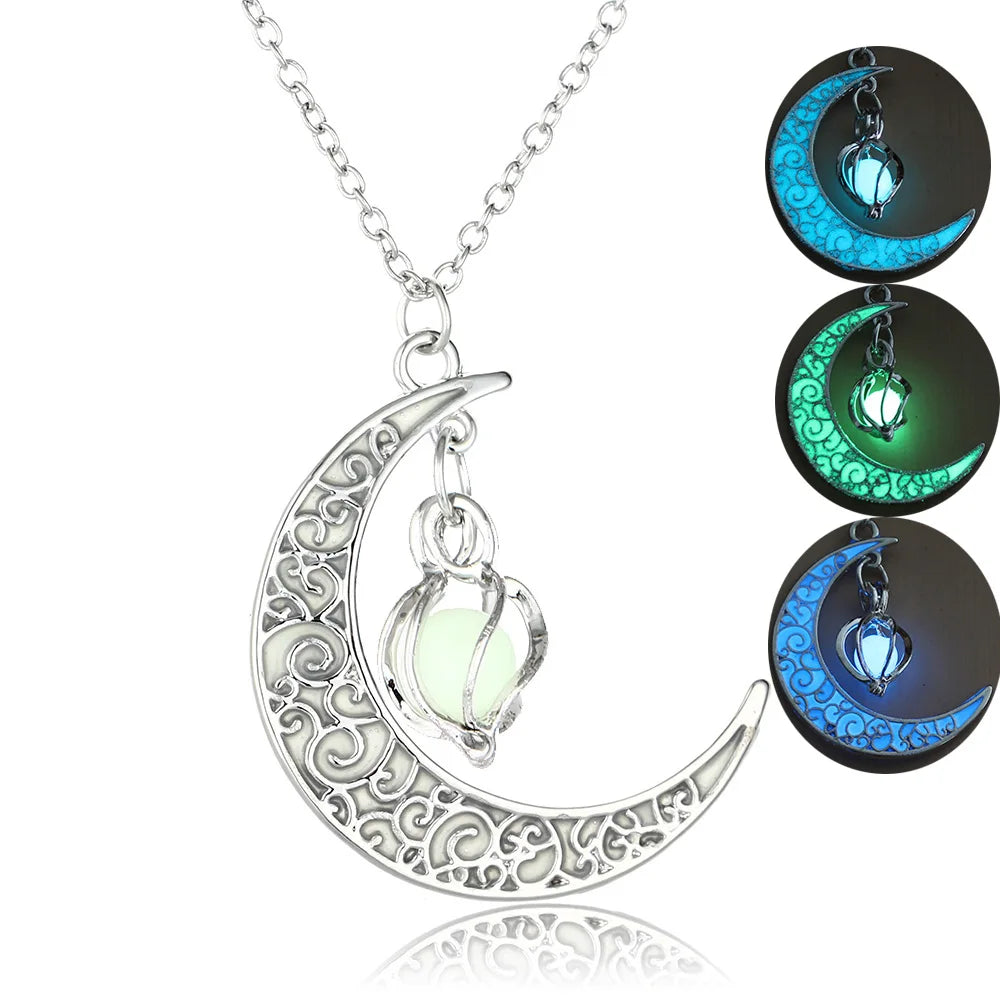 2022 Moon Glowing Necklace Gem Charm Jewelry Glow in the Dark Halloween Pendant Hollow Luminous Stone Pendant Necklace Gifts