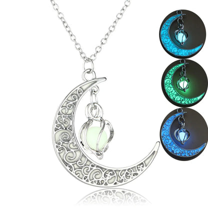 2022 Moon Glowing Necklace Gem Charm Jewelry Glow in the Dark Halloween Pendant Hollow Luminous Stone Pendant Necklace Gifts