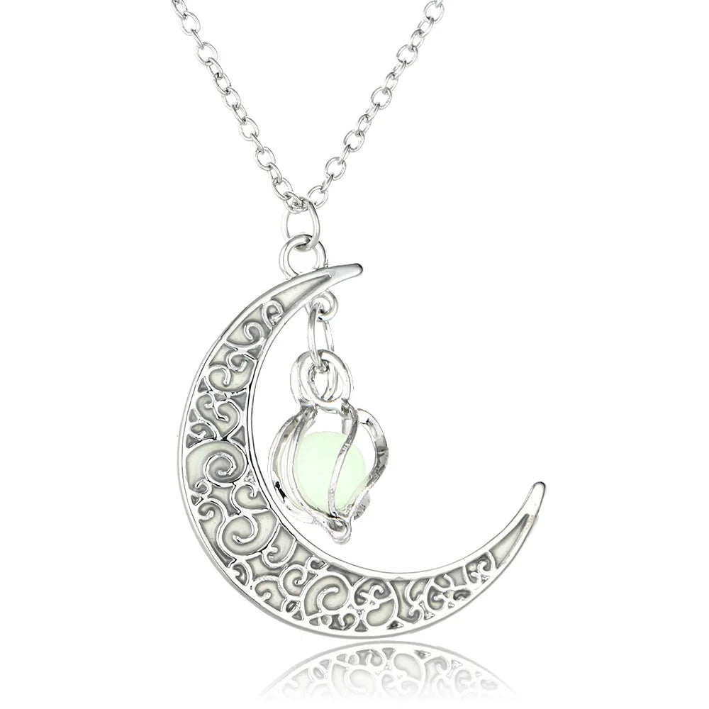 2022 Moon Glowing Necklace Gem Charm Jewelry Glow in the Dark Halloween Pendant Hollow Luminous Stone Pendant Necklace Gifts