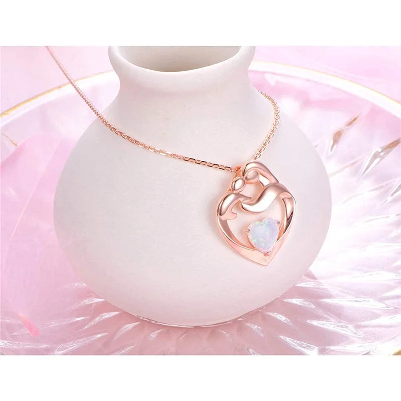 Rose Gold Plated Mother And Child Zircon Heart Pendant Necklace For  Gifts