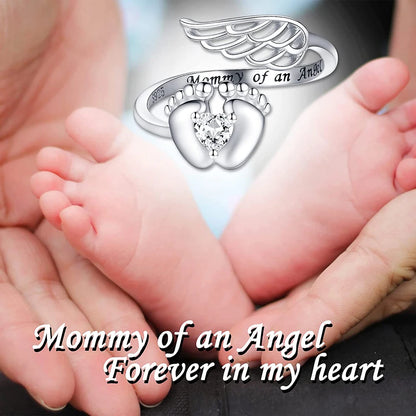 Personalized Sterling Silver Angel Wings&Baby Feet Miscarriage Ring -Loss of Pregnancy Rings Jewelry Memorial Gift for Women Mom