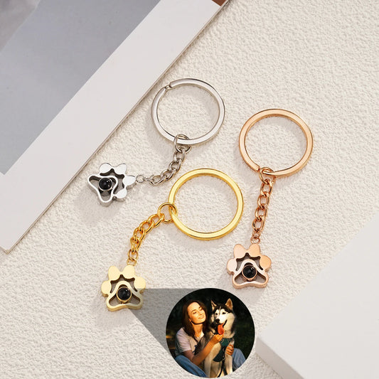 Custom Stainless Steel Photo Keychain Personalized dog Claw Projection keychain Custom Cat Dog Pet Photo Keyring Memory Jewelry