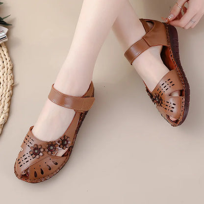 Summer New Handmade Women's Shoes National Style Genuine Leather Hollow Women's Sandals soft Flat with Sandals