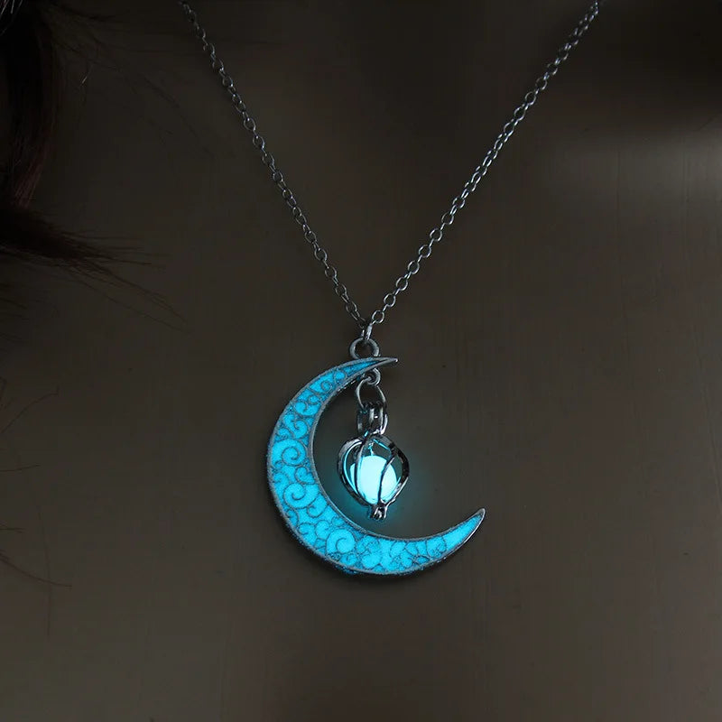 Moon Glowing Necklace Gem Charm Jewelry Glow in the Dark Halloween Pendant Hollow Luminous Stone Pendant Necklace Gifts
