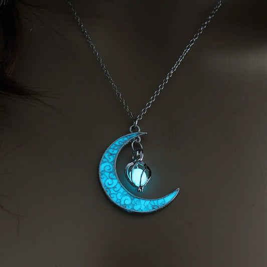 Moon Glowing Necklace Gem Charm Jewelry Glow in the Dark Halloween Pendant Hollow Luminous Stone Pendant Necklace Gifts