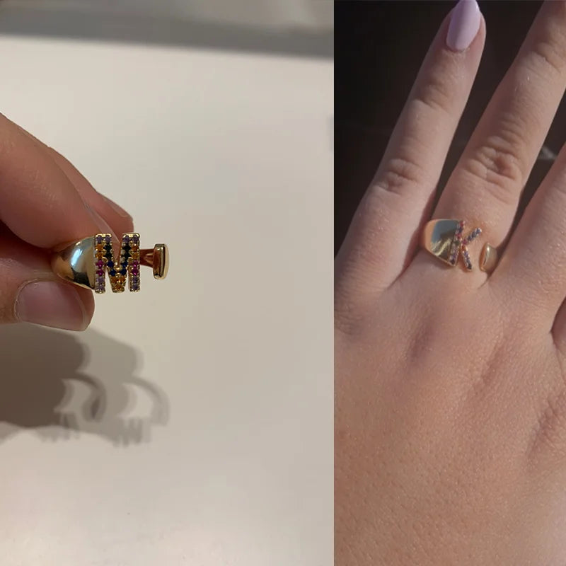 Rainbow Zircon Letter Rings for Women Gold Color Stainless Steel Initial Ring Adjustable Wedding Couple Rings Boho Jewelry Bague