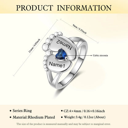Mother's Day Personalize Baby Feet Name Rings Initials Band Birthday Jewelry Gift for Women Ladies Mom Wife Sister Grandma