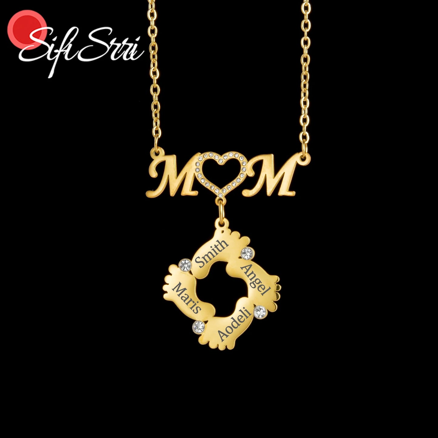Sifisrri Personalized Custom Name Necklace for Women Zircon Mom Heart Family Pandent Stainless Steel Mother Kids Jewelry Gift