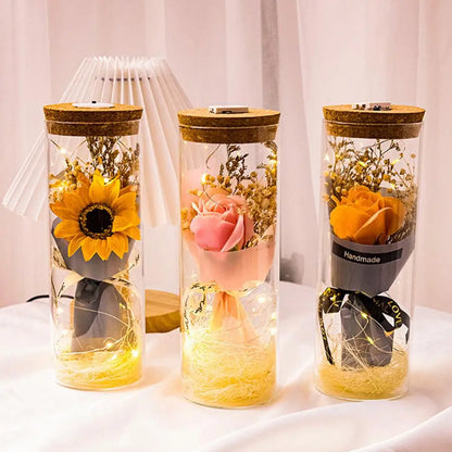 Preserved Flower Glass Wishing Bottle Eternal Rose Flower with LED Light Romantic Gift Soap Rose Flower for Lover Friends