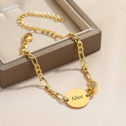 Personalized Projection Bracelet Custom Round Laser Engraved Name Pendant Men's Figaro Bracelet Ladies Jewelry Christmas Gift
