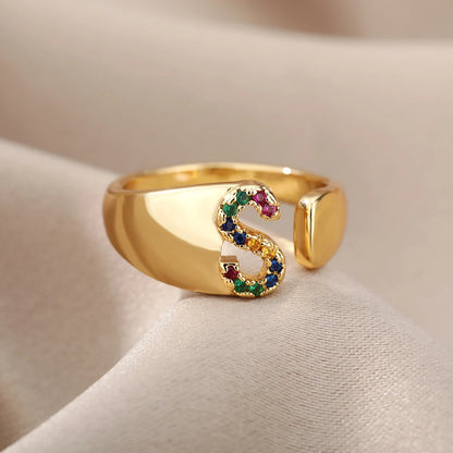Rainbow Zircon Letter Rings for Women Gold Color Stainless Steel Initial Ring Adjustable Wedding Couple Rings Boho Jewelry Bague