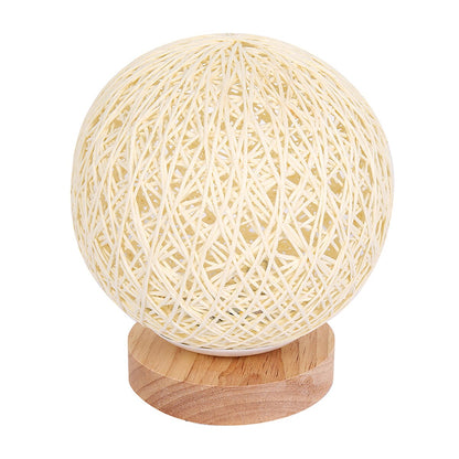 LED Moon Table Lamp Hand-Knit Lampshade Wood Table Ball Light with USB Charged Rattan Ball Lamp Modern Bedside Night Lamp