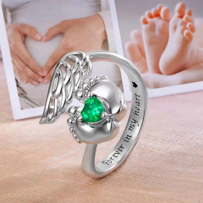 Personalized Sterling Silver Angel Wings&Baby Feet Miscarriage Ring -Loss of Pregnancy Rings Jewelry Memorial Gift for Women Mom