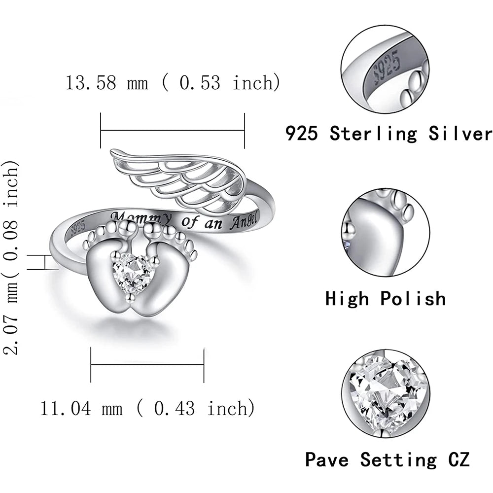 Personalized Sterling Silver Angel Wings&Baby Feet Miscarriage Ring -Loss of Pregnancy Rings Jewelry Memorial Gift for Women Mom