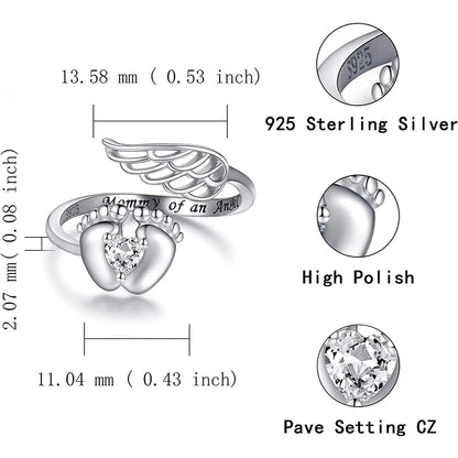 Personalized Sterling Silver Angel Wings&Baby Feet Miscarriage Ring -Loss of Pregnancy Rings Jewelry Memorial Gift for Women Mom