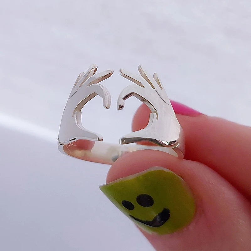 Huitan Double Hand Heart Love Couple Rings Fashionable Adjustable Opening Rings for Women/Men Hug Hands Design Trendy Jewelry