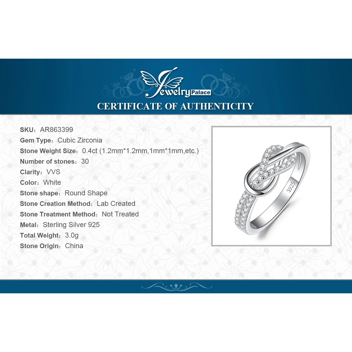 JewelryPalace New Arrival Infinity Love Knot Gemstone 925 Sterling Silver Statement Ring for Woman Fashion Classic Fine Jewelry