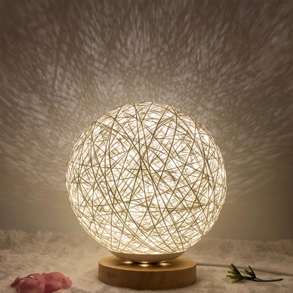 LED Moon Table Lamp Hand-Knit Lampshade Wood Table Ball Light with USB Charged Rattan Ball Lamp Modern Bedside Night Lamp