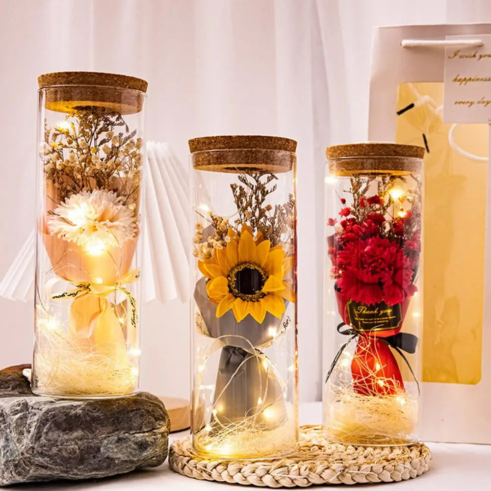 Preserved Flower Glass Wishing Bottle Eternal Rose Flower with LED Light Romantic Gift Soap Rose Flower for Lover Friends