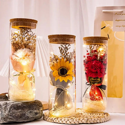 Preserved Flower Glass Wishing Bottle Eternal Rose Flower with LED Light Romantic Gift Soap Rose Flower for Lover Friends