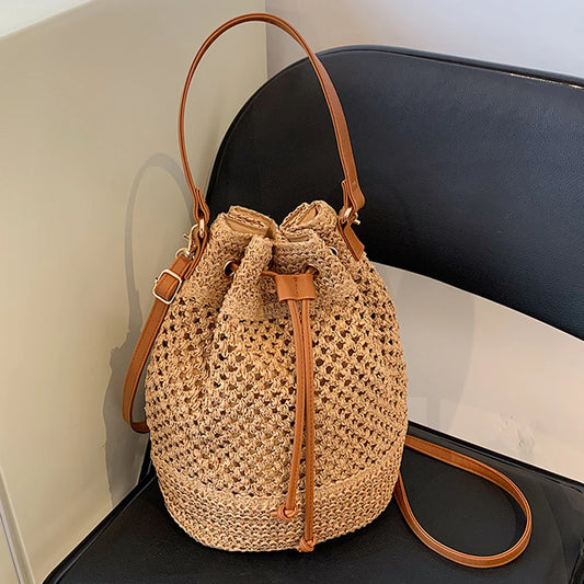 2023 Summer Straw Woven Beach Bag Rattan Ladies Purses Handbag Wrist Pack Women Handle Female Bucket Tote Bags Knit Travel Bags