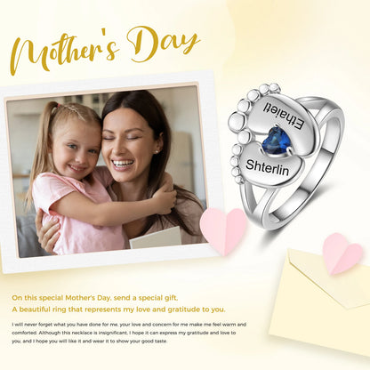 Mother's Day Personalize Baby Feet Name Rings Initials Band Birthday Jewelry Gift for Women Ladies Mom Wife Sister Grandma