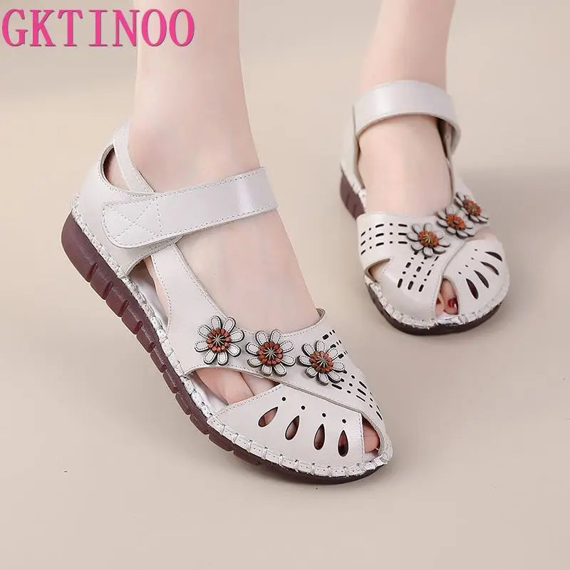 Summer New Handmade Women's Shoes National Style Genuine Leather Hollow Women's Sandals soft Flat with Sandals