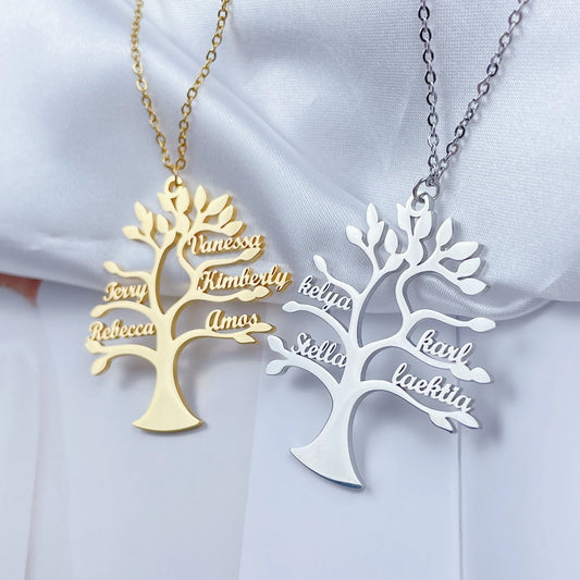 Custom Tree of Life Name Necklace Stainless Steel Family Tree Pendant Mom Child Name Choker Personalized Jewelry Christmas Gift