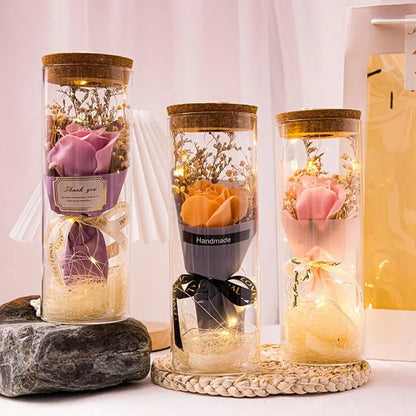 Preserved Flower Glass Wishing Bottle Eternal Rose Flower with LED Light Romantic Gift Soap Rose Flower for Lover Friends