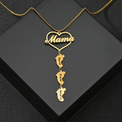 Auxauxme Personalized Heart Mom Foot Necklace Custom Engrave 1-5 Names Pendant Stainless Steel Heart Jewelry Gifts For Mom