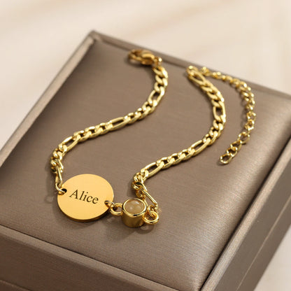 Personalized Projection Bracelet Custom Round Laser Engraved Name Pendant Men's Figaro Bracelet Ladies Jewelry Christmas Gift