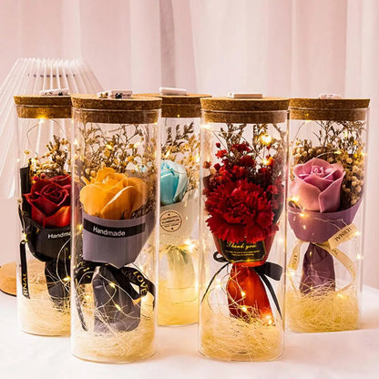 Preserved Flower Glass Wishing Bottle Eternal Rose Flower with LED Light Romantic Gift Soap Rose Flower for Lover Friends
