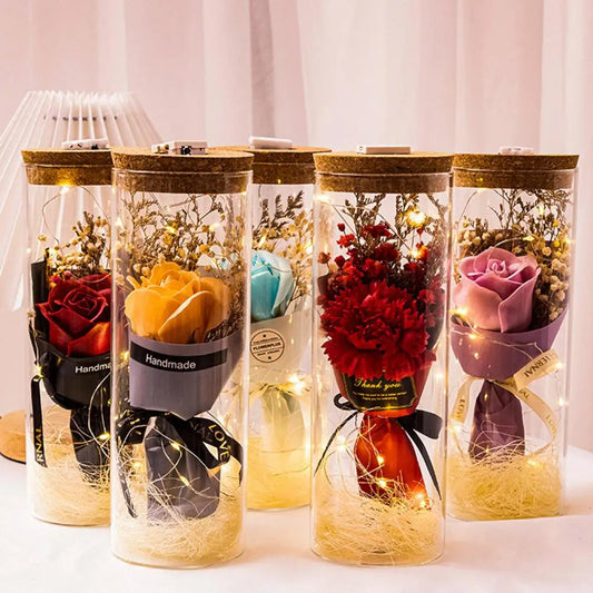 Preserved Flower Glass Wishing Bottle Eternal Rose Flower with LED Light Romantic Gift Soap Rose Flower for Lover Friends