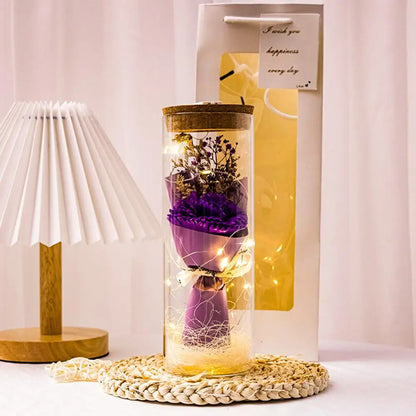 Preserved Flower Glass Wishing Bottle Eternal Rose Flower with LED Light Romantic Gift Soap Rose Flower for Lover Friends
